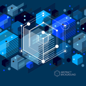 Technical blueprint, vector blue black digital background with geometric design elements, cubes. Engineering technological wallpaper made with honeycombs.