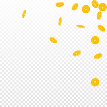 Chinese yuan coins falling. Scattered sparse CNY coins on transparent background. Captivating scattered top right corner vector illustration. Jackpot or success concept.