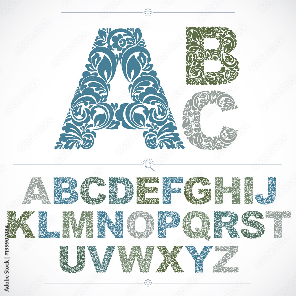 Poster set of vector ornate capitals, flower-patterned typescript. blue characters created using herbal tex