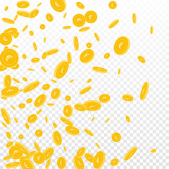 European Union Euro coins falling. Scattered disorderly EUR coins on transparent background. Wondrous left gradient vector illustration. Jackpot or success concept.
