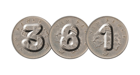 Number 381  with old coins on white background