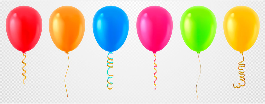 Collection Of 3d Realistic Vector Helium Balloons (red, Gold, Yellow, Purple, Blue, Green...) For Birthday, Party, Celebration Flying Baloon Design, Isolated On Transparent Background, White.