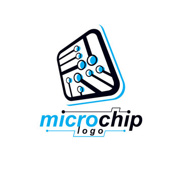 Vector microchip design, cpu. Information communication technology element, circuit board in square shape. Microprocessor scheme abstract logo.