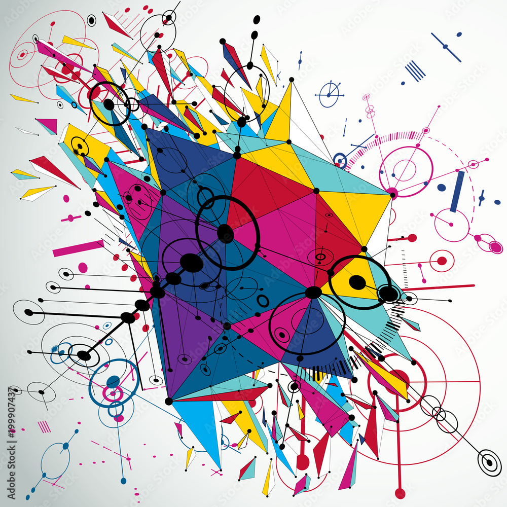 Poster 3d modernized bauhaus style wallpaper created using low poly asymmetric demolished object and lines 