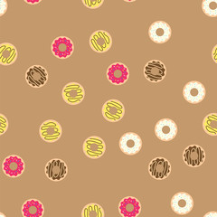 Donuts with colored glaze on pattern background. Pattern donuts with chocolate and fruit glaze. Donut pattern on beige background.