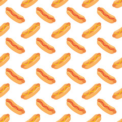 Hot dogs with sausage, tomato ketchup and mustard sauce seamless pattern. Pattern hot dogs on colored background.