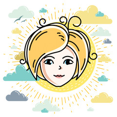 Beautiful women face, human head. Vector character, attractive blonde lady face features.