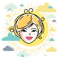 Beautiful women face, human head. Vector character, attractive blonde lady face features.