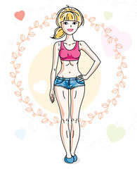 Young beautiful blonde woman standing on colorful backdrop with romantic hearts and wearing casual clothes. Vector character.