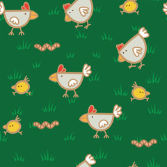 Fototapeta premium Pattern chickens walking on green grass and pecking worms background. Chicken pattern background.
