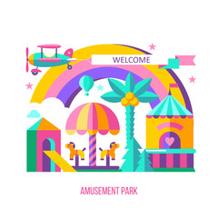 Amusement Park, rides. Vector illustration.