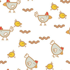 Pattern chickens walking and pecking worms background. Chicken pattern background.