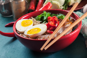 Ramen. Traditional japanese noodle soup with pork