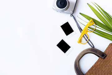 flat lay Frame with paper. Objects on white backgrund