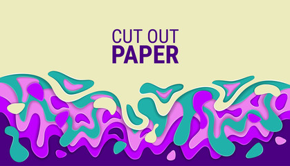 Cut off wavy sheets of paper. Bright colorful vector layers. 3D abstract relief image. Green and ultraviolet waves on a light background. Kraft style. Origami. The art of carving. Modern design.