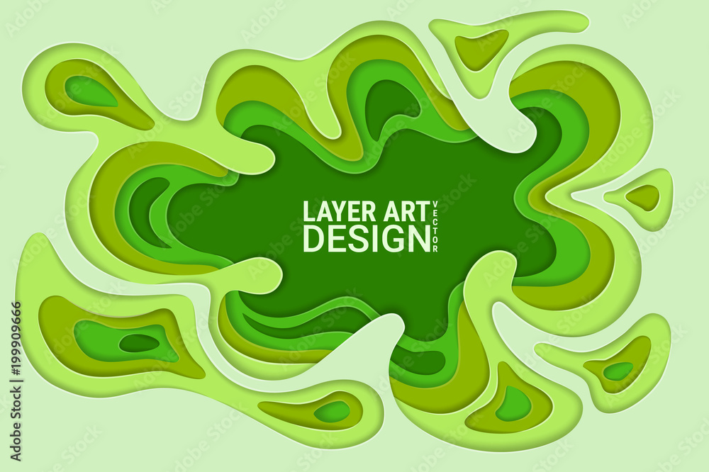 Poster cut off wavy sheets of paper. 3d abstract relief image. bright colorful vector layers. green waves o