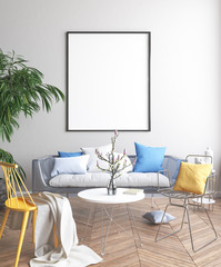 Mock up poster, Scandinavian living room concept design, 3d render