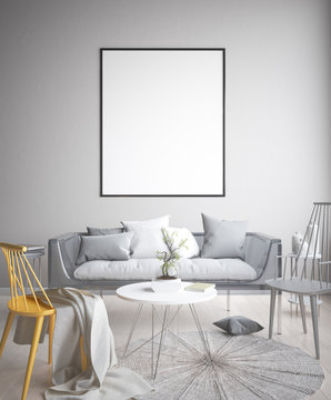 Mock up poster, Scandinavian living room concept design, 3d render