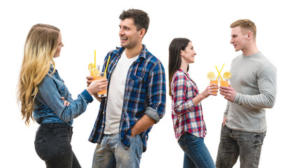 The two couples clink glasses on a white background