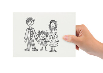 Hand with drawing happy family