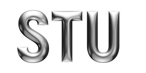 Metallic alphabet, 3d chrome effect, letters S T U