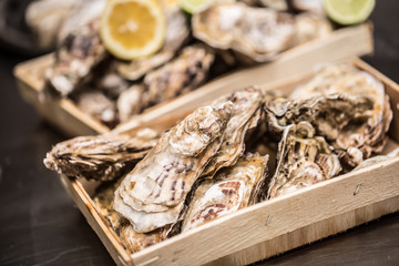 Several oysters in basket with lime and lemon