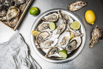 Several open oysters with lemon and lime
