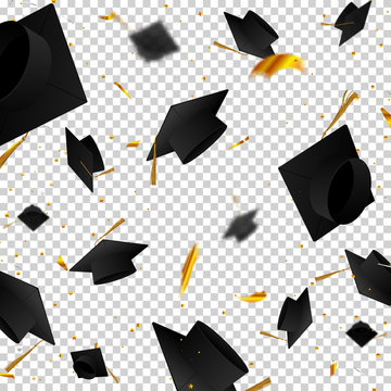 Graduate caps and confetti on a white background. The caps come out from the side. Typography greeting, invitation card with diplomas. Hat.