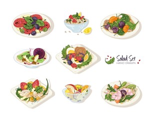 Fototapeta na wymiar Collection of various salads lying on plates and in bowls isolated on white background - Tabbouleh, Nicoise, Caesar, Waldorf, fruit. Set of hand drawn healthy restaurant meals. Vector illustration.