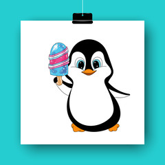 Cartoon penguin with ice cream isolated on white. Hand drawn vector illustration. Doodle art. Colorful yummy dessert and cute character. Element for poster, banner, menu, label, flyer, sticker, card