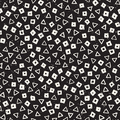 Hand drawn black and white ink abstract seamless pattern. Vector stylish grunge texture. Monochrome geometric scattered shapes