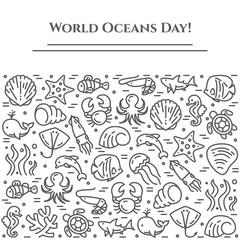World oceans day theme black and white banner - pictograms of fish, shell, shark, dolphin, turtle and other sea creatures related line elements.