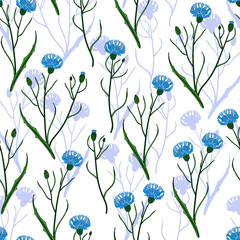 Seamless vector floral pattern. Floral background of cornflowers with plant shadows in the background.