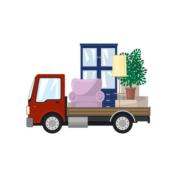Truck Isolated on a White Background, Lorry is Ttransporting Cupboard, Chair and Pot with Monstera, Lamp and Boxes, Shipping and Freight of Goods, Vector Illustration