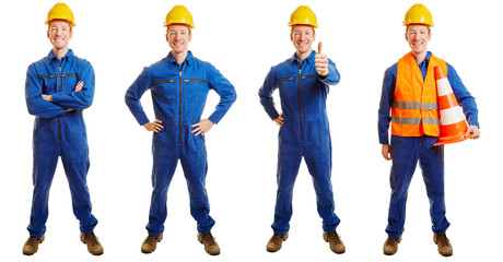 Bauarbeiter im Overall in verschiedenen Posen