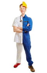 Mann halb als Arzt und Arbeiter