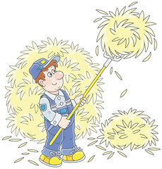 Smiling farmer tedding hay with a pitchfork in a hayloft, a vector illustration in a cartoon style