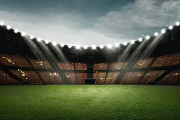 Foto auf Acrylglas Fußball Fußballstadion-Design mit grünem Gras und Licht zur Beleuchtung
