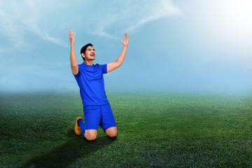 Fototapeta na wymiar Handsome asian soccer player celebrate his goal