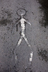Fototapeta na wymiar Worn Out Stick Man Walk Warning Sign On Path Road
