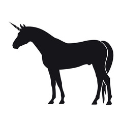 Unicorn icon. The silhouette of a unicorn. Black on white background. Vector illustration.