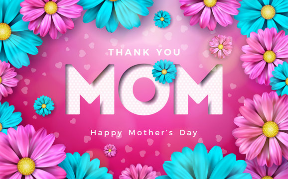 Happy Mothers Day Greeting card design with flower and typographic elements on pink background. I Love You Mom Vector Celebration Illustration template for banner, flyer, invitation, brochure, poster.