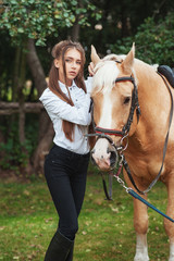 portrait beautiful young girl in white shirt and black pants with beauty long hair next horse in forest. Fashionable elegance woman posing near animal. Beauty Lifestyle Fashion People Animals concepts