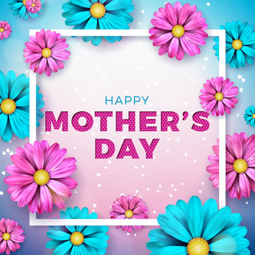 Happy Mothers Day Greeting card design with flower and typographic elements on heart background. Vector Celebration Illustration template for banner, flyer, invitation, brochure, poster.