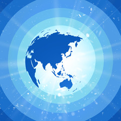 abstract world globe, blue planet earth with starburst asia view