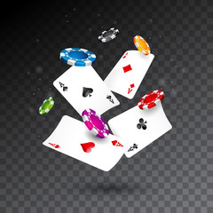 Realistic falling casino chips and poker cards illustration on transparent background. Vector gambling concept design.
