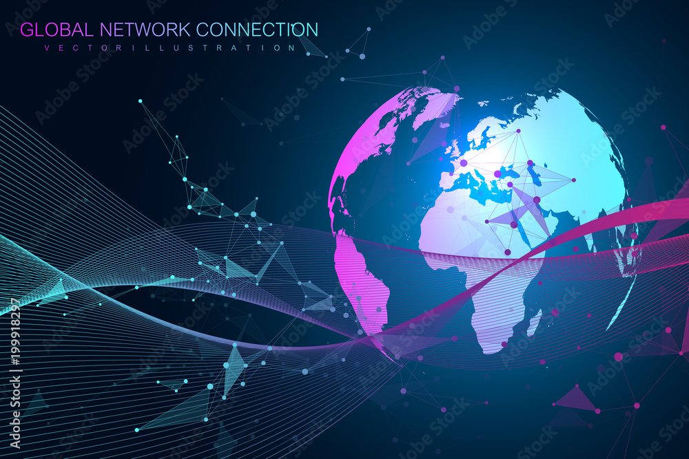 Poster Big data complex world globe. Graphic abstract background communication. Perspective backdrop of depth. Virtual minimal array with compounds. Digital data visualization. Vector illustration Big data.