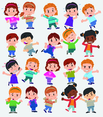 Cartoon character boys and girls. Set with different postures, attitudes and poses, doing different activities. Vector illustrations.