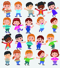 Cartoon character boys and girls. Set with different postures, attitudes and poses, doing different activities. Vector illustrations.