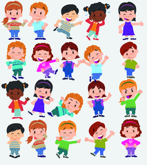 Cartoon character boys and girls. Set with different postures, attitudes and poses, always in positive attitude, doing different activities. Vector illustrations.